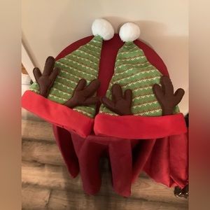Two Santa’s Reindeer knit & felt nylon lined hats with pompom.